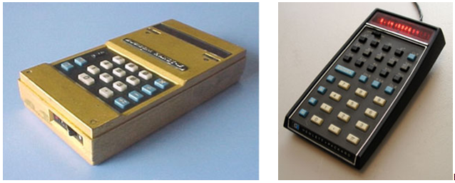 Busicom’s first microprocessor-based “pocket” calculator of 1970 (left); Hewlett Packard’s scientific calculator of 1972; highly significant but neither desirable nor particularly compact consigned log tables and slide rules to the bin (right)