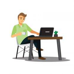 a self-employed man sits at a computer