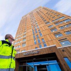 A man looks up at the tallest timber building in the world
