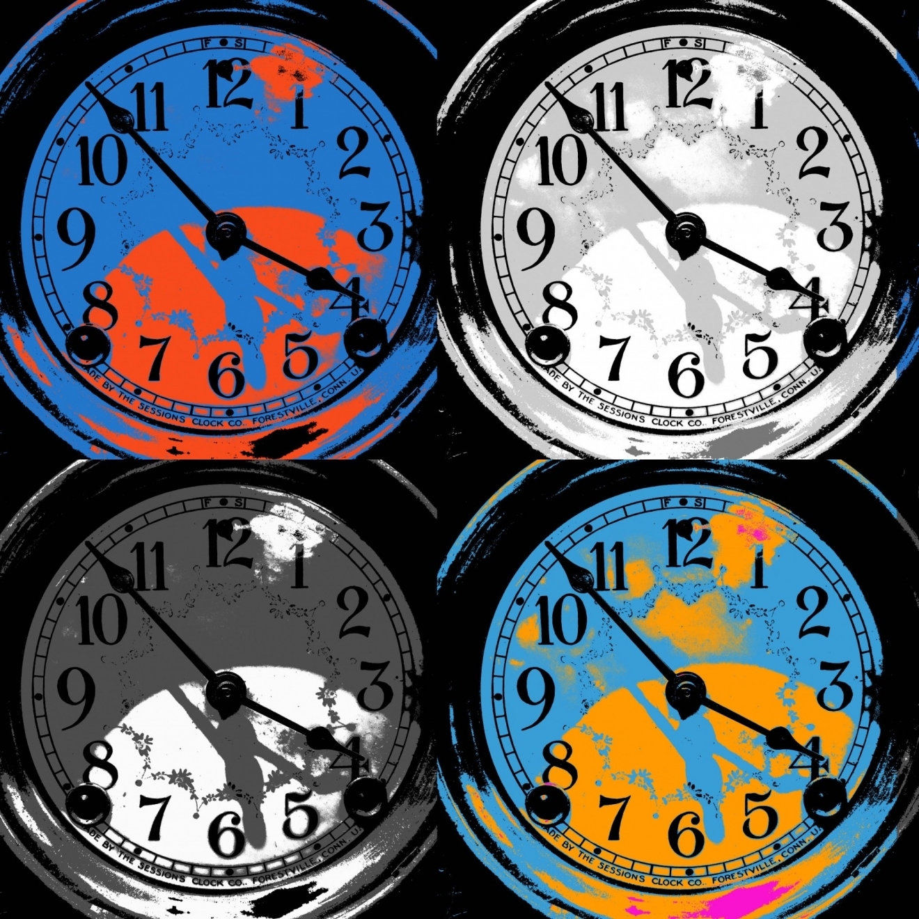 An art depiction of four clocks illustrating a shorter working week