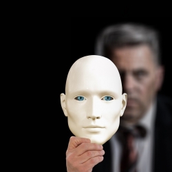 A man holding a mask away from his face to show how imposter syndrome is holding back people wanting portfolio careers.