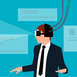 An illustration of a man in a suit wearing a headset, using the metaverse