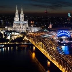  nighttime shot of Cologne, home to Orgatec