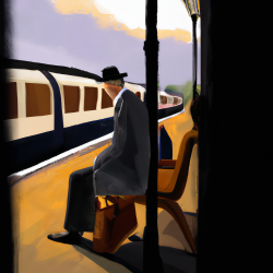 A painting in the style of Edward Hopper of a lone man waiting to board a commuter train to get to the office 