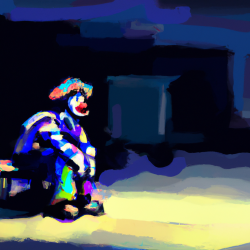 A painting of a clown sitting alone, waiting to enter the workplace circus