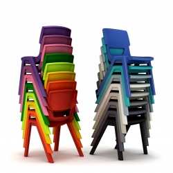 Two stacks of colourful KI Postura+ chairs