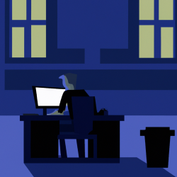 A person using computer in style of edward hopper in an office at night