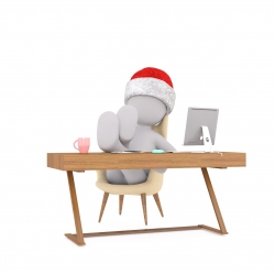 An illustration of employees in Christmas hats sitting in front of a computer